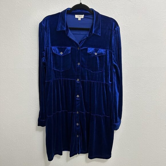 Umgee Cobalt Blue Velvet Long Sleeve Collar Button Down Tiered Pocket Dress Sz L - Picture 2 of 12
